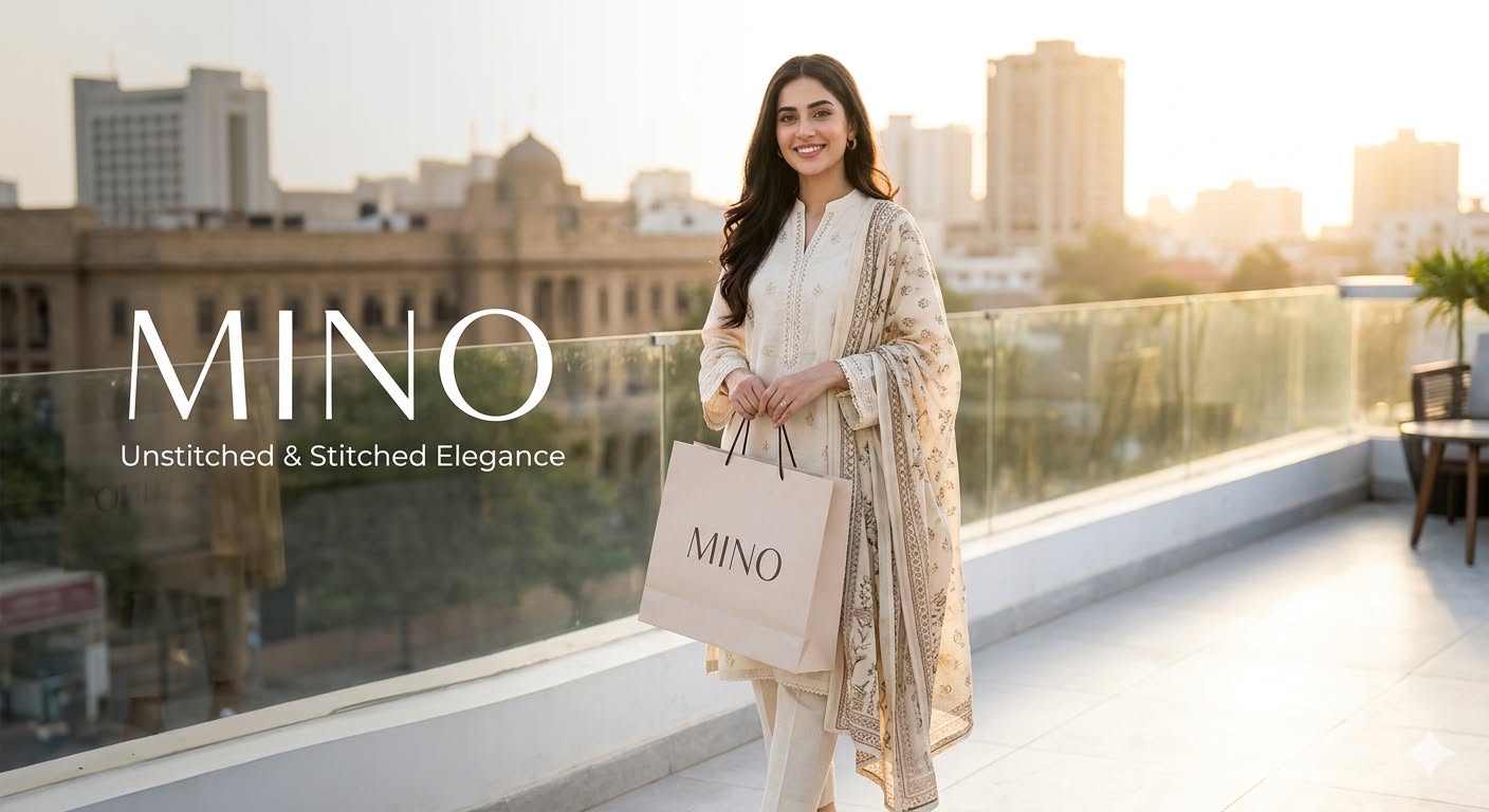 MINO model wearing ivory embroidered fashion with shopping bag